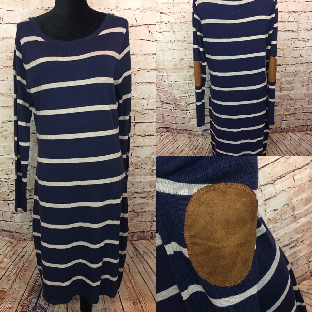 LIV Sweater Dress Striped Elbow Patches Navy Blue